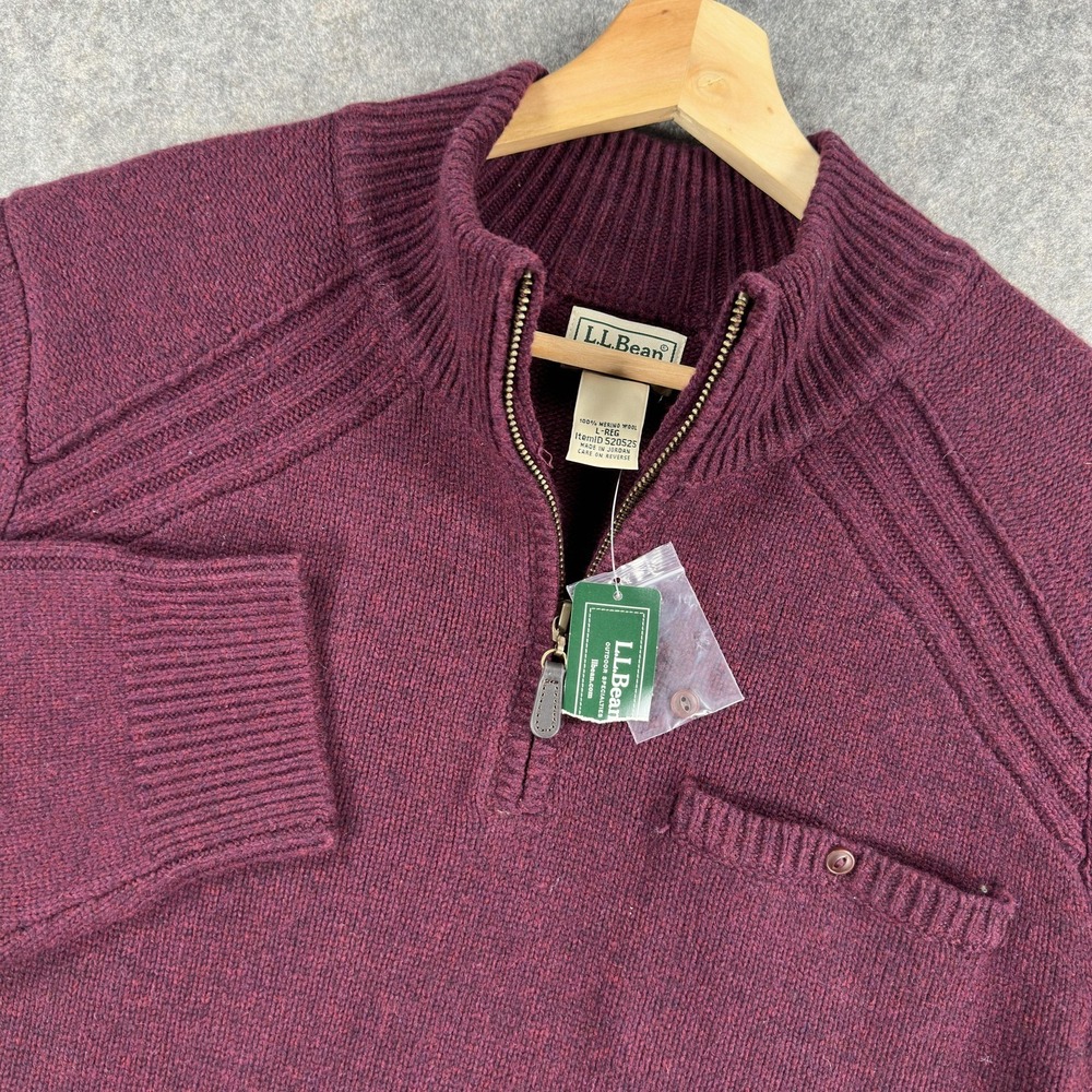 LL Bean Rangeley Sweater Mens Large Purple Merino Wool 1/4 Zip Mock Neck